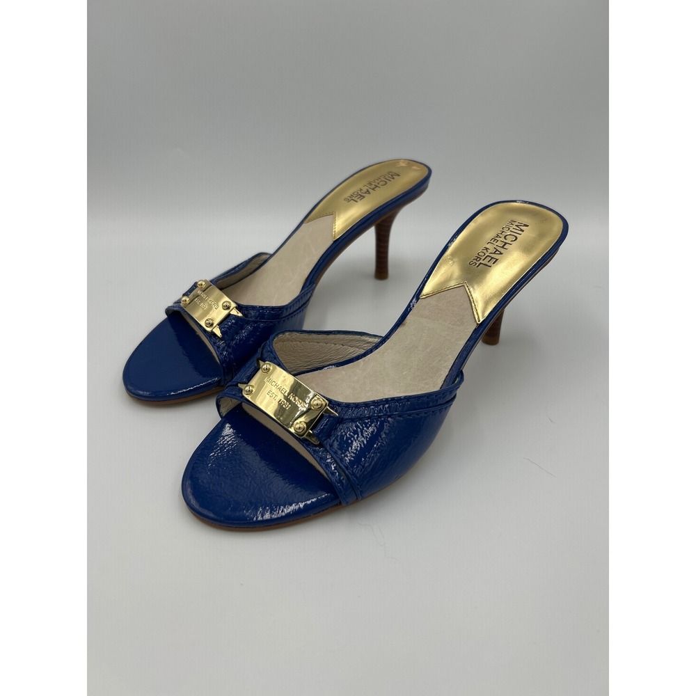 Michael Kors Women's 8.5 M‎ Blue Patent Leather Logo Plaque Kitten Heel Slide